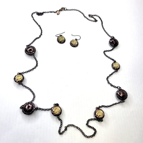 Long Necklace Round Beads Bronze Gold Hues with Earrings - Picture 3 of 11